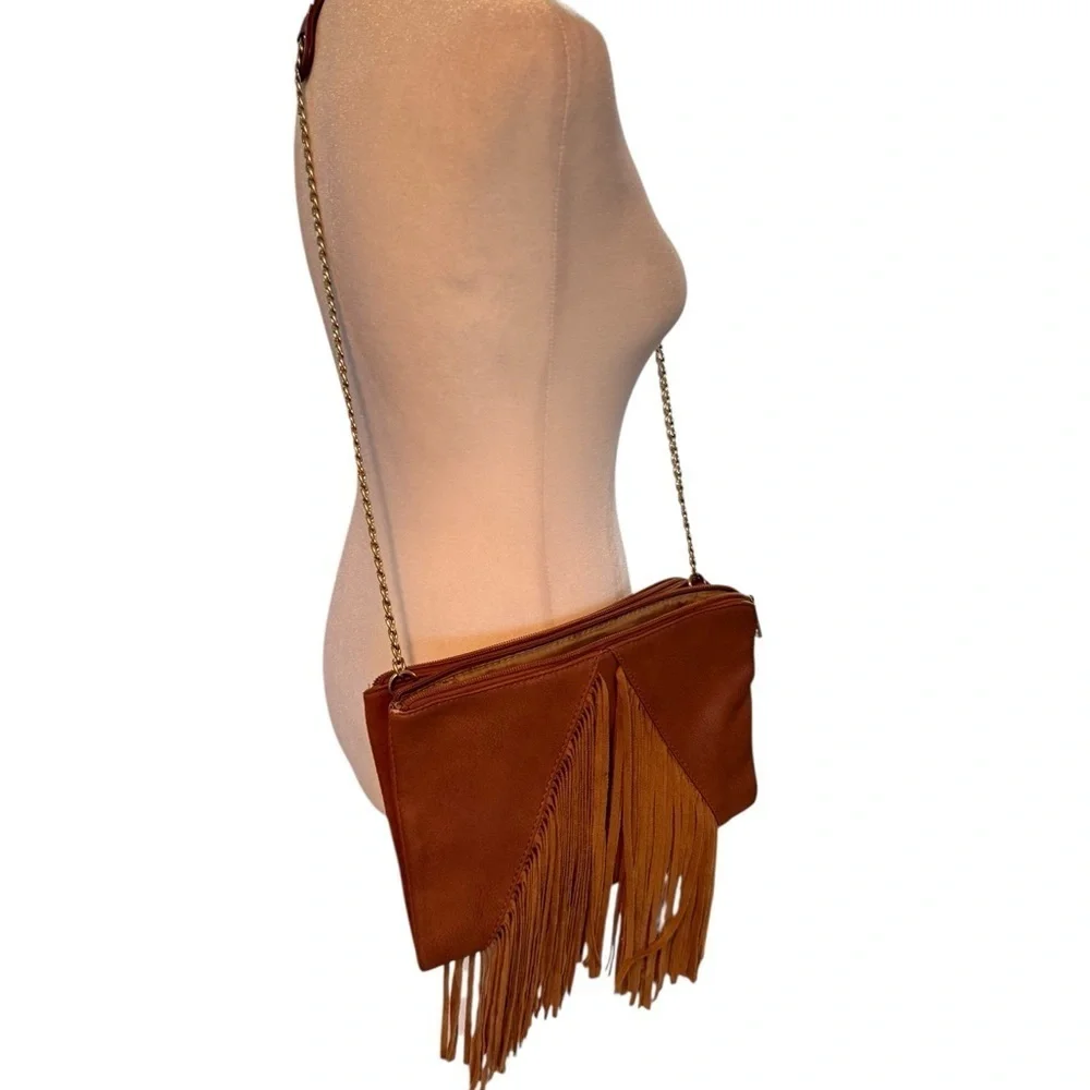 Fringe Leather Crossbody Bag with gold strap by Cato